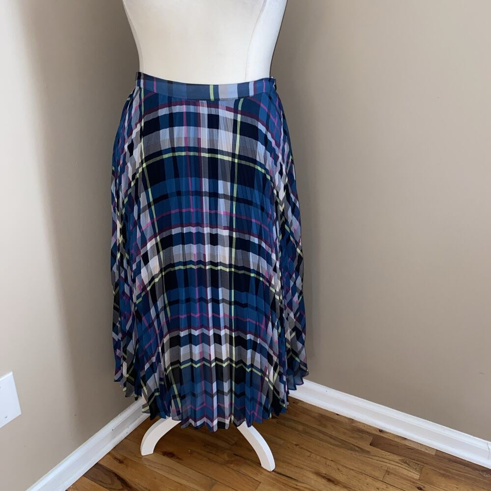 Vince Camuto Teal Blue Black Multi Pleated Plaid Midi Lined Skirt Plus Size 1X